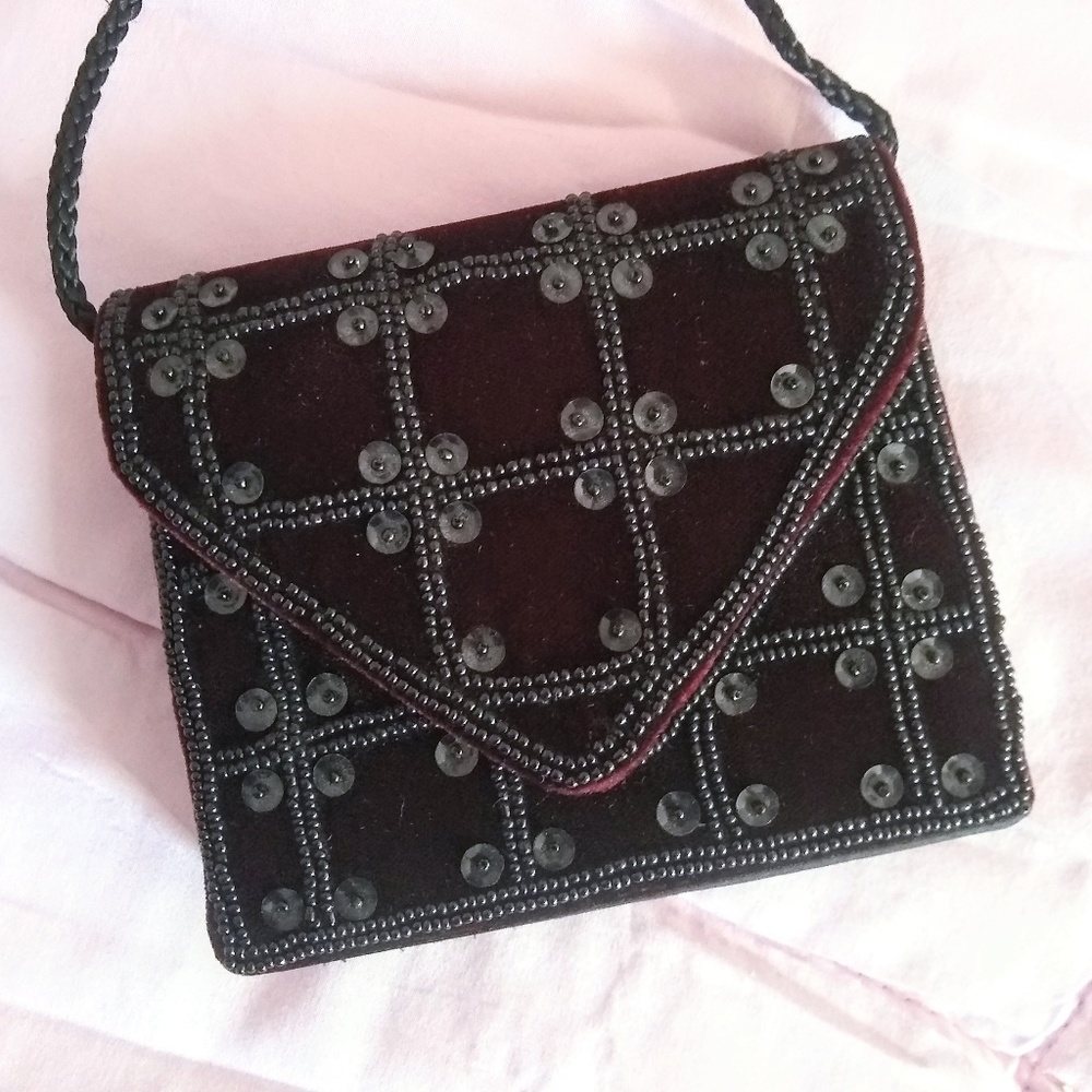Vintage Black Velvet & Satin Sequin Evening Bag